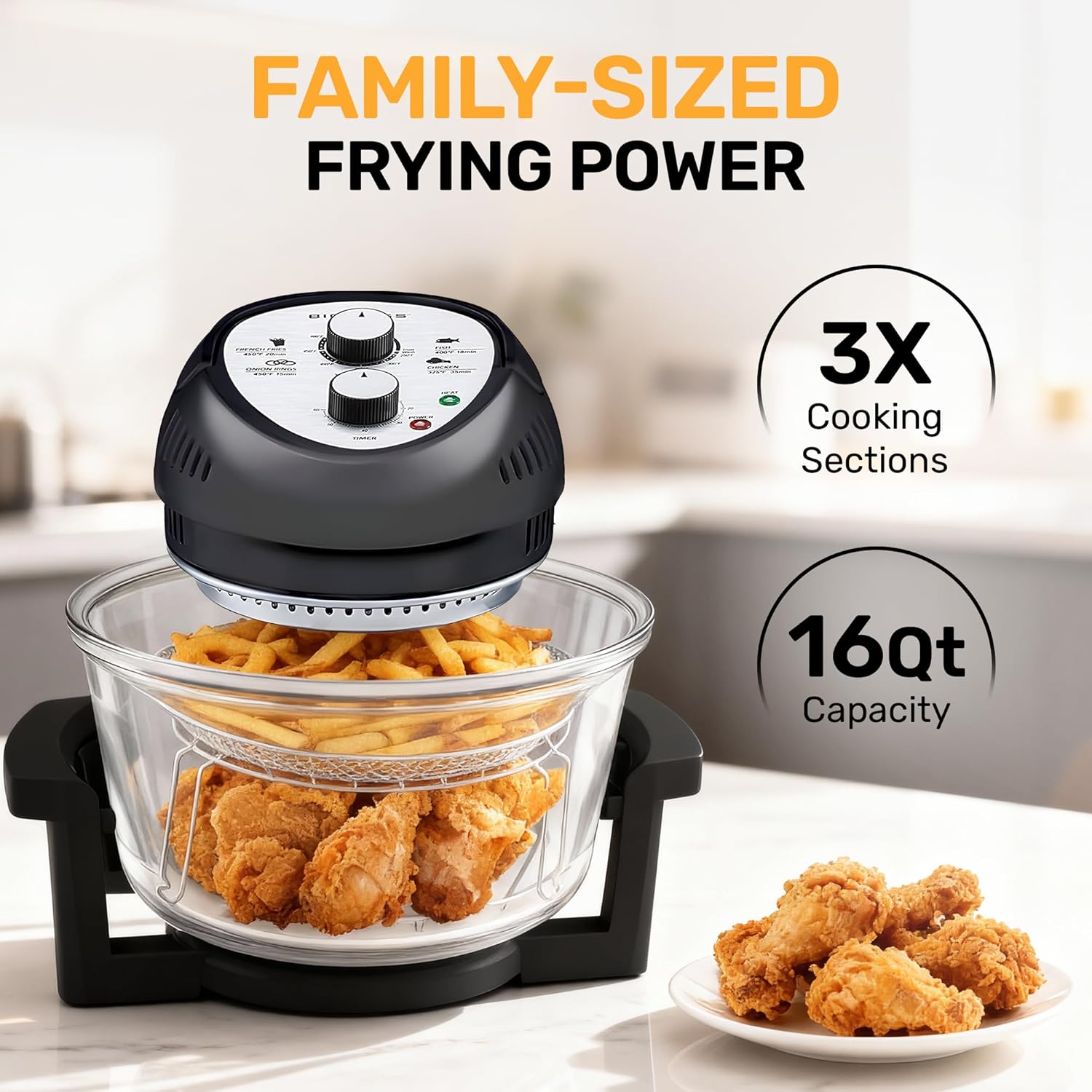 Big Boss 16Qt Large Glass Air Fryer Non Toxic – Family Sized Large Halogen Oven Cooker with 3 Cooking Sections, Stainless Steel Racks, French Fries, Chicken, No Preheat, Self Cleaning, Dishwasher Safe - Image 4