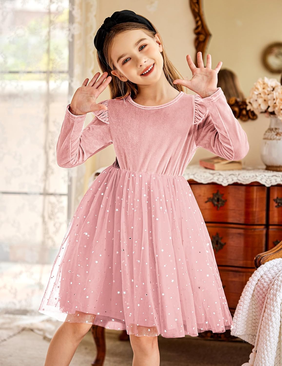 Arshiner Toddler Tutu Dresses Little Girls Velvet Tulle Fall Winter Long Sleeve Ruffle Holiday Party Dress 2-6Y - Image 3