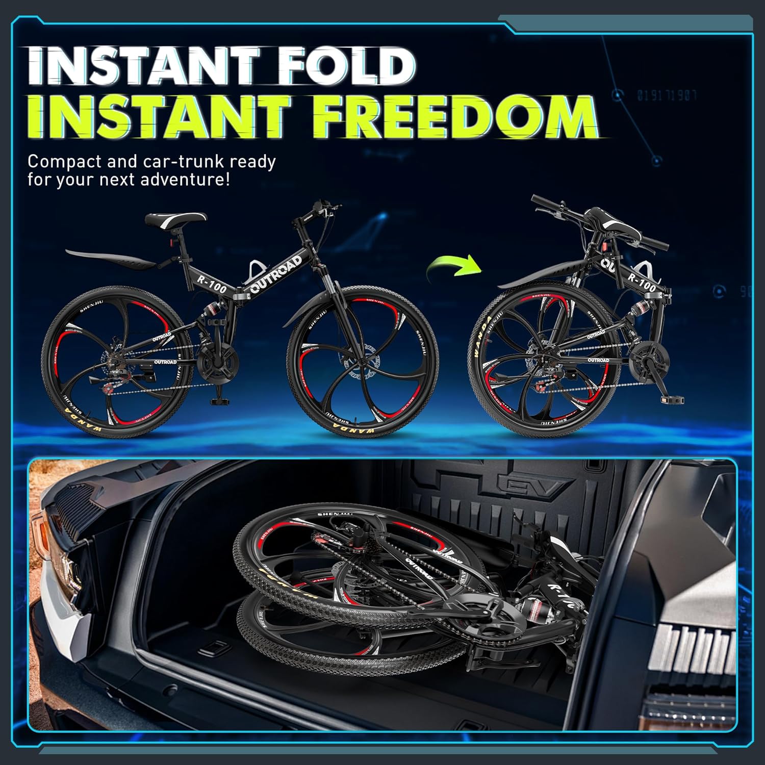 26 Inch Folding Mountain Bike, 21 Speed Full Suspension Bicycle with High-Carbon Steel, Dual Disc Brake Non-Slip Quick Release tire Folding Bicycle for Adults/Men/Women - Image 4