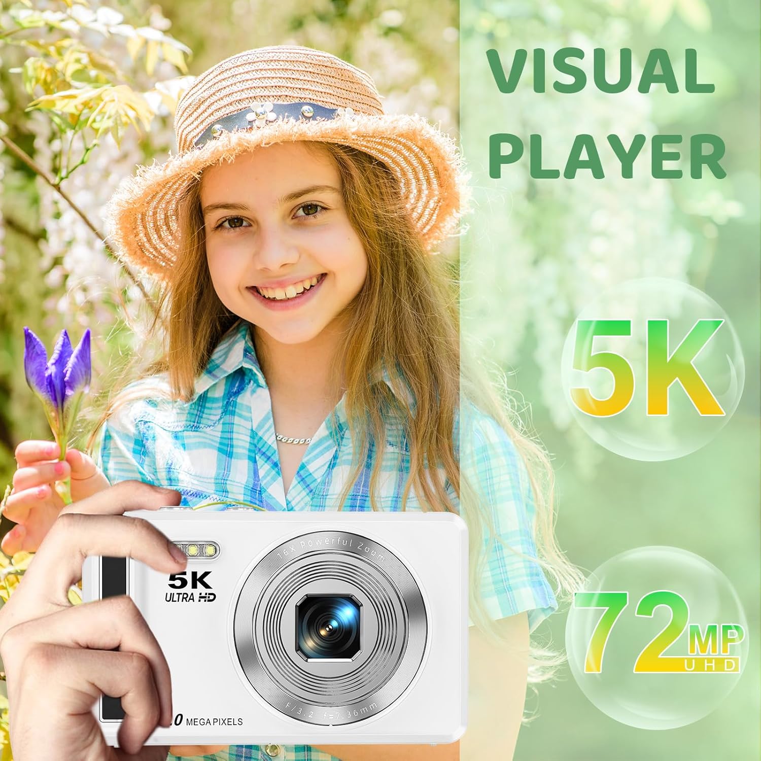 Digital Camera - 5K 72MP Vlogging Camera with 16X Zoom for Kids Autofocus Point and Shoot Photography Cameras - UHD 2.8'' Screen Compact Portable Camara with 32GB SD Card - Image 2