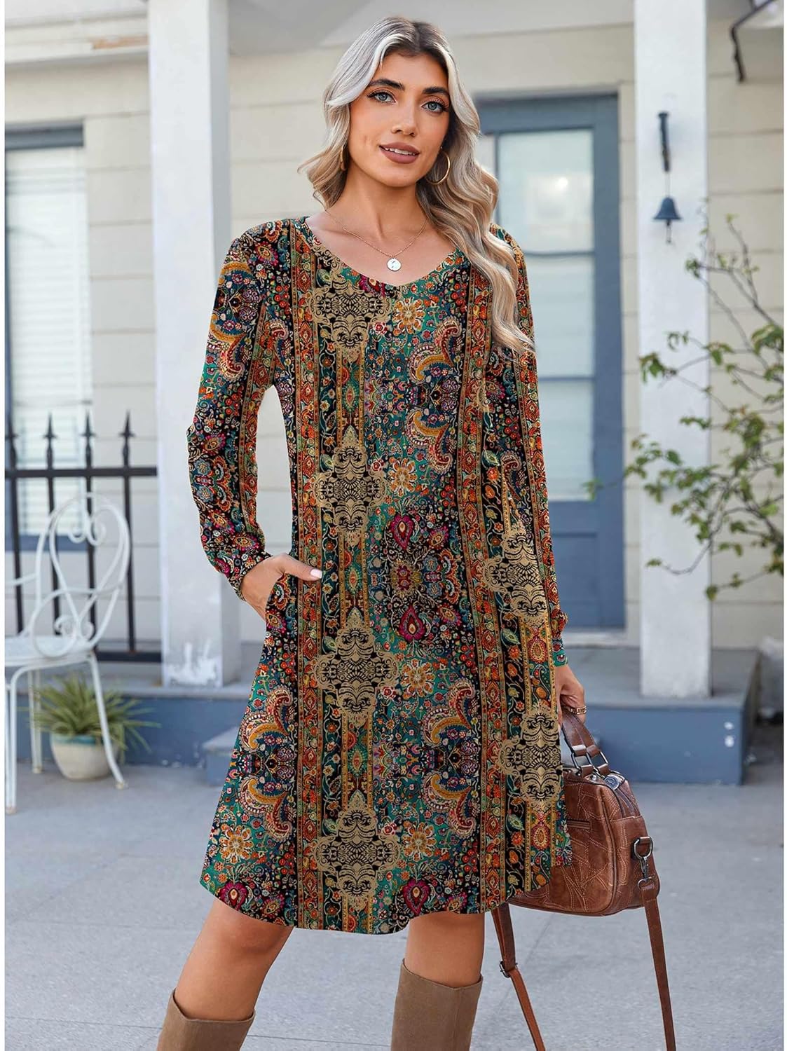 Zeagoo Fall Dresses for Women Long Sleeve Casual Pleated V Neck Dress 2025 A Line Tunic Dress - Image 2