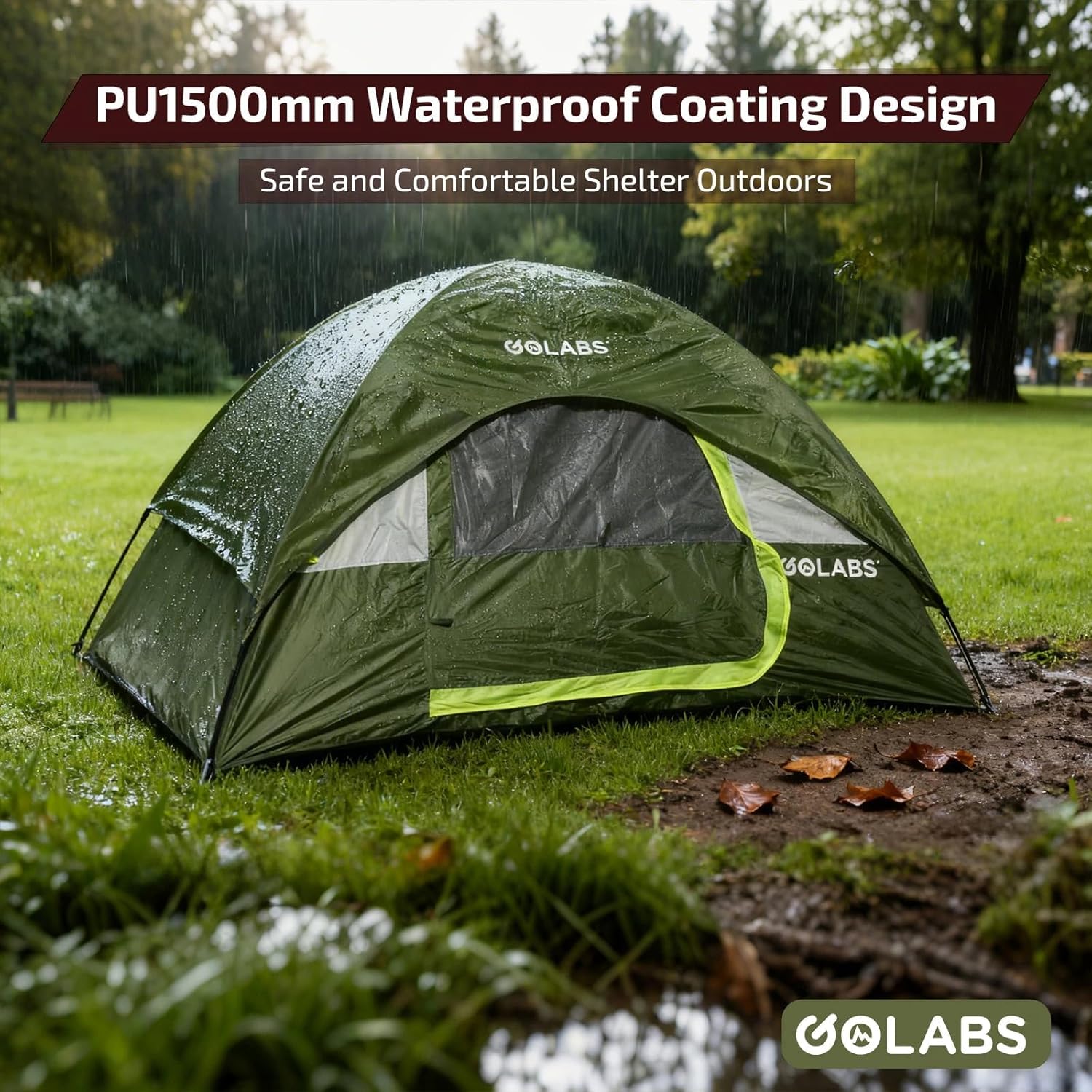 Golabs CT1 2 Person Camping Tent, Easy Set Up in 3 Mins, PU1500mm Waterproof w/Mesh Top & Door with Ventilation, Lightweight 4.4lbs Portable Family Tent with Carry Bag &Interior Storage Pockets &Hook - Image 3