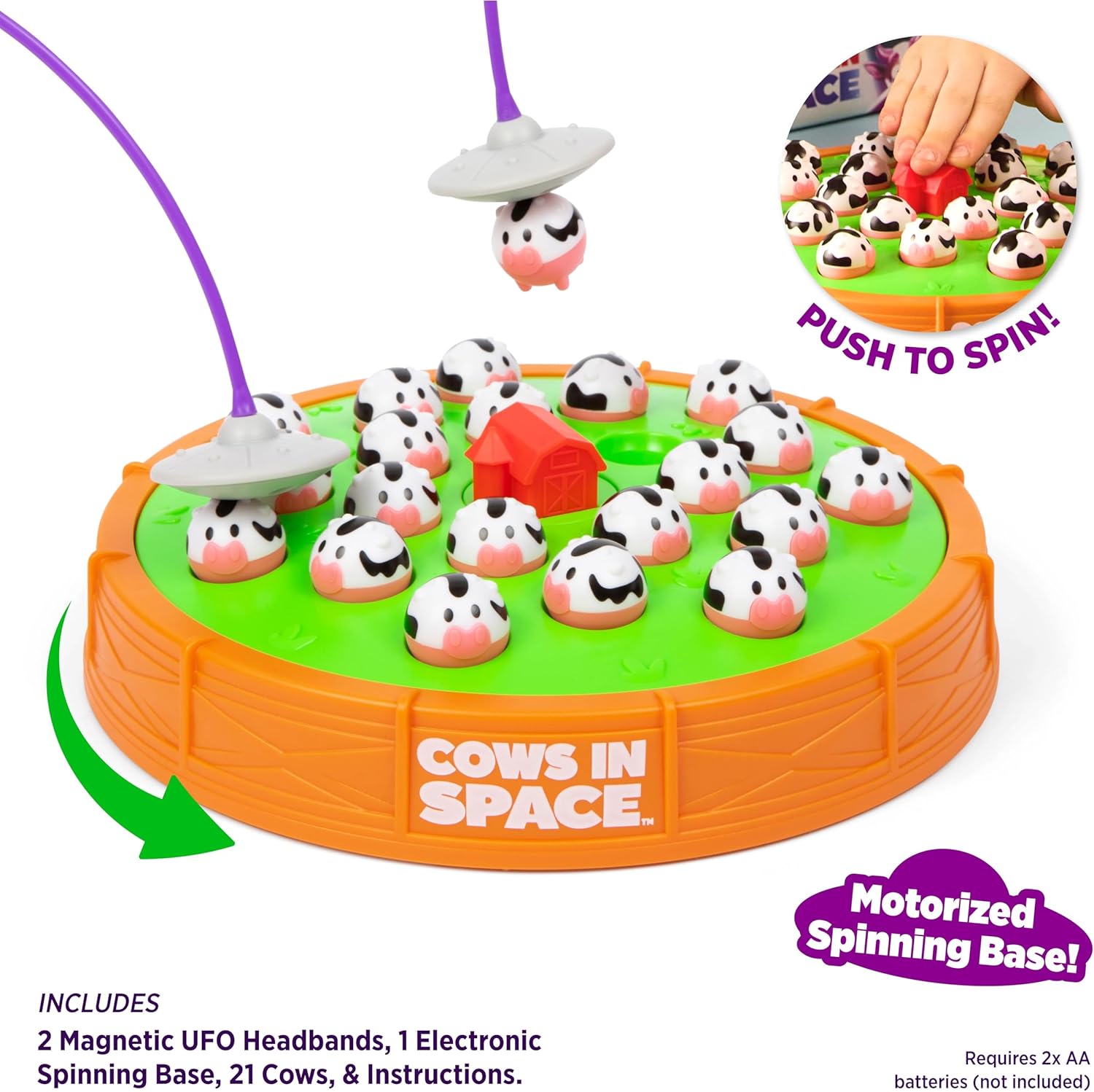 Cows in Space, 2026 Toy of The Year Finalist Game by Relatable, Hilarious Kid-Friendly Space Game, Includes 2 UFO Headbands, 1 Electronic Spinning Base, 21 Cows, and Instructions - Image 3