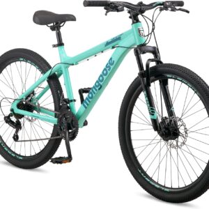 Mongoose Grafton Mountain Bike, 24, 26 or 27.5 Inch Bike, 21 Speed, Aluminum Frame, Knobby Mountain Tires, Suspension Fork, Trigger Shifters, Mechanical Disc Brakes, Teal, Tan, Blue or Purple | Trigger Shifter, Aluminum Frame, Front Suspension