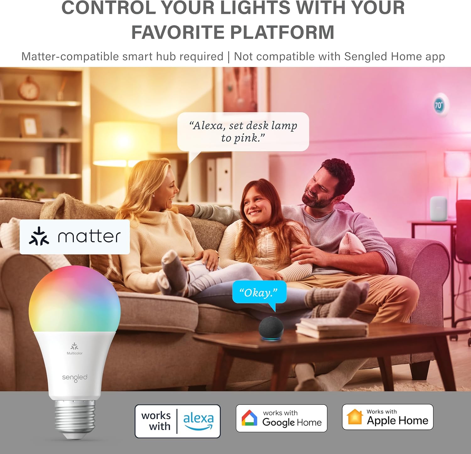 Sengled Matter LED Smart Light Bulb (A19), Multicolor, Compatible with Alexa, 60W Equivalent, 800LM, Instant Pairing, 1-Pack - Image 2