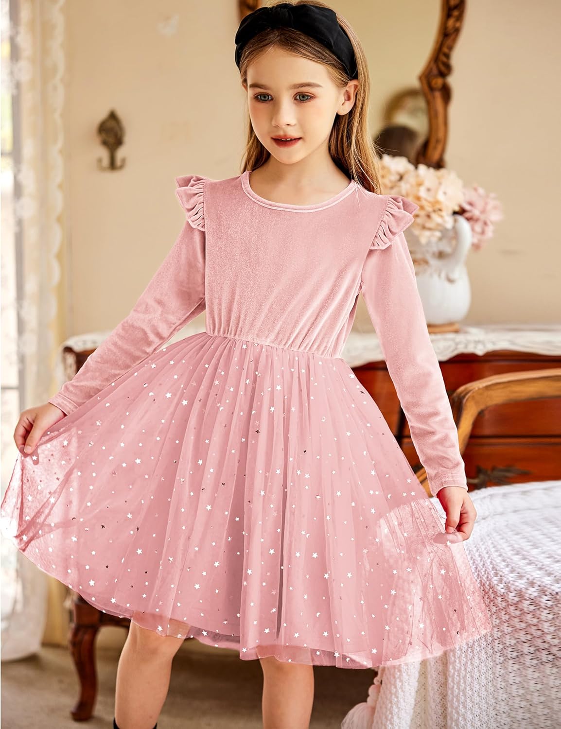 Arshiner Toddler Tutu Dresses Little Girls Velvet Tulle Fall Winter Long Sleeve Ruffle Holiday Party Dress 2-6Y - Image 2