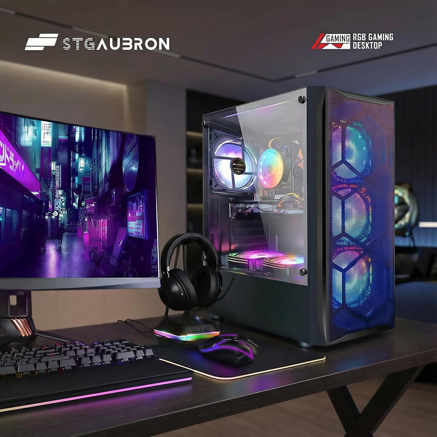 STGAubron Gaming PC Desktop Computer, Intel Core i7 up to 3.9GHz, Radeon RX 580 8G, 16G RAM, 512G SSD, WiFi 6, BT 5.0, RGB Fan x6, Windows 11 Home - Image 6
