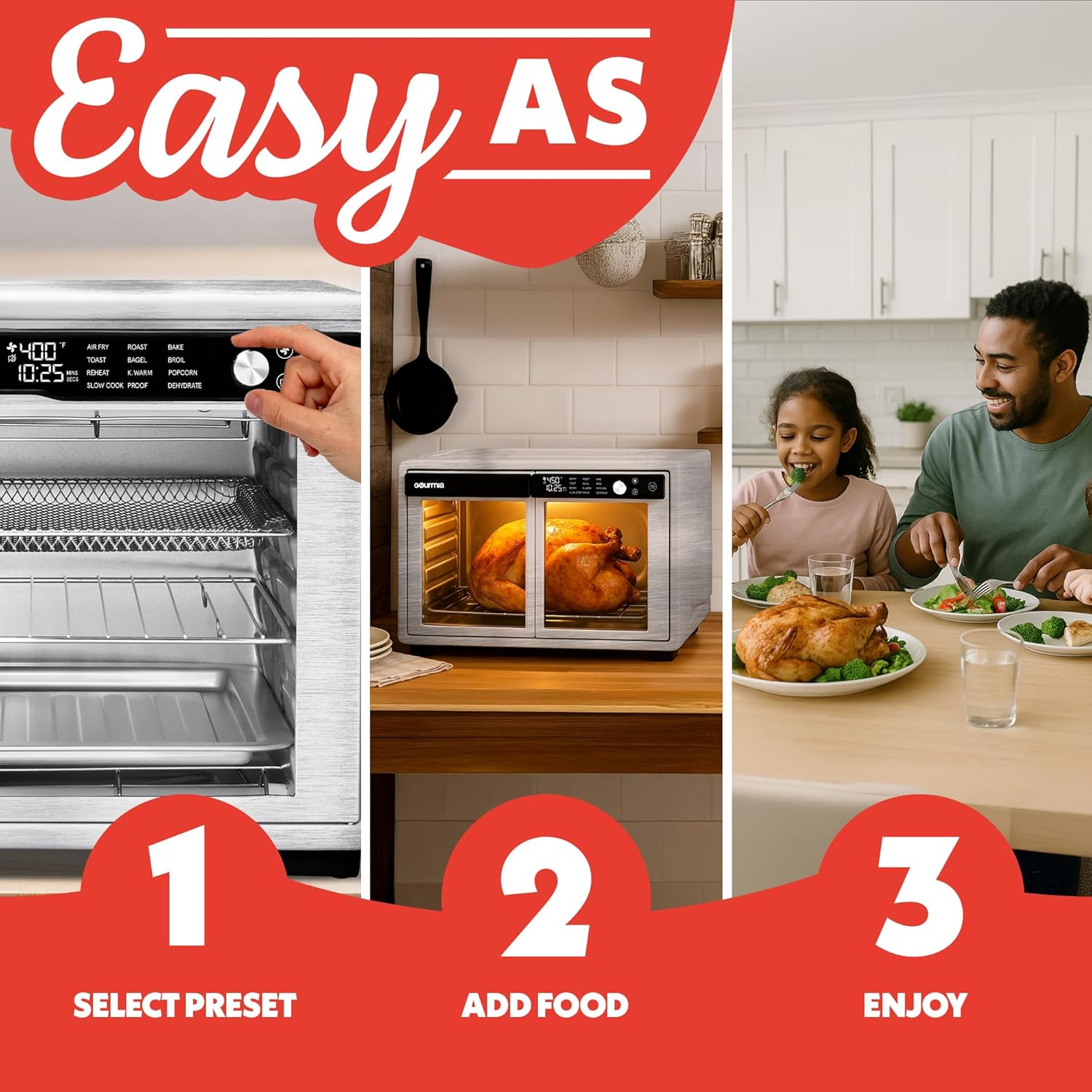 Gourmia French Door Air Fryer Oven - 37 Qt Large Capacity Convection Toaster Oven, FryForce 360°, Digital Display, 12 Cooking Presets, Dehydrate, Fits 13” Pizza, Dishwasher-Safe, Stainless Steel - Image 10