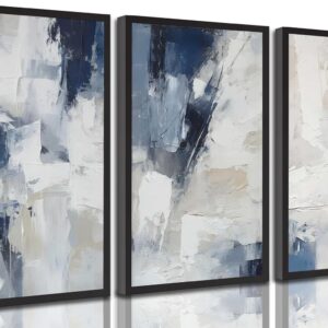 3pcs Navy Blue Abstract Canvas Wall Art Modern Minimalist Neutral Blue White Painting Picture Wall Decor Posters Prints Artworks for Living Room Bedroom Office Home Decoration Unframed