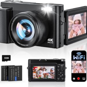 4K Digital Camera for Photography, WiFi Autofocus 64MP Vlogging Camera for YouTube, 180° 3″ Flip Screen 30FPS Video Cameras with Flash Anti-Shake 16X Zoom 32GB Card, Compact Travel Digital Camera