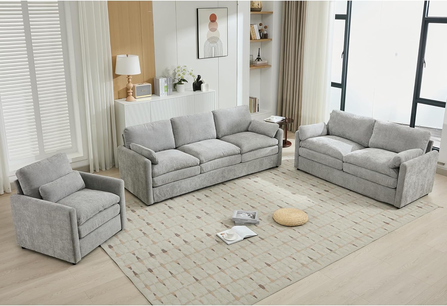 Merax 6 Seats Sofa Set, 3 Pieces Oversized Cozy Sofa Set with Double Plush Cushion, Comfy Upholstered Cloud Couches for Living Room, Light Grey - Image 4