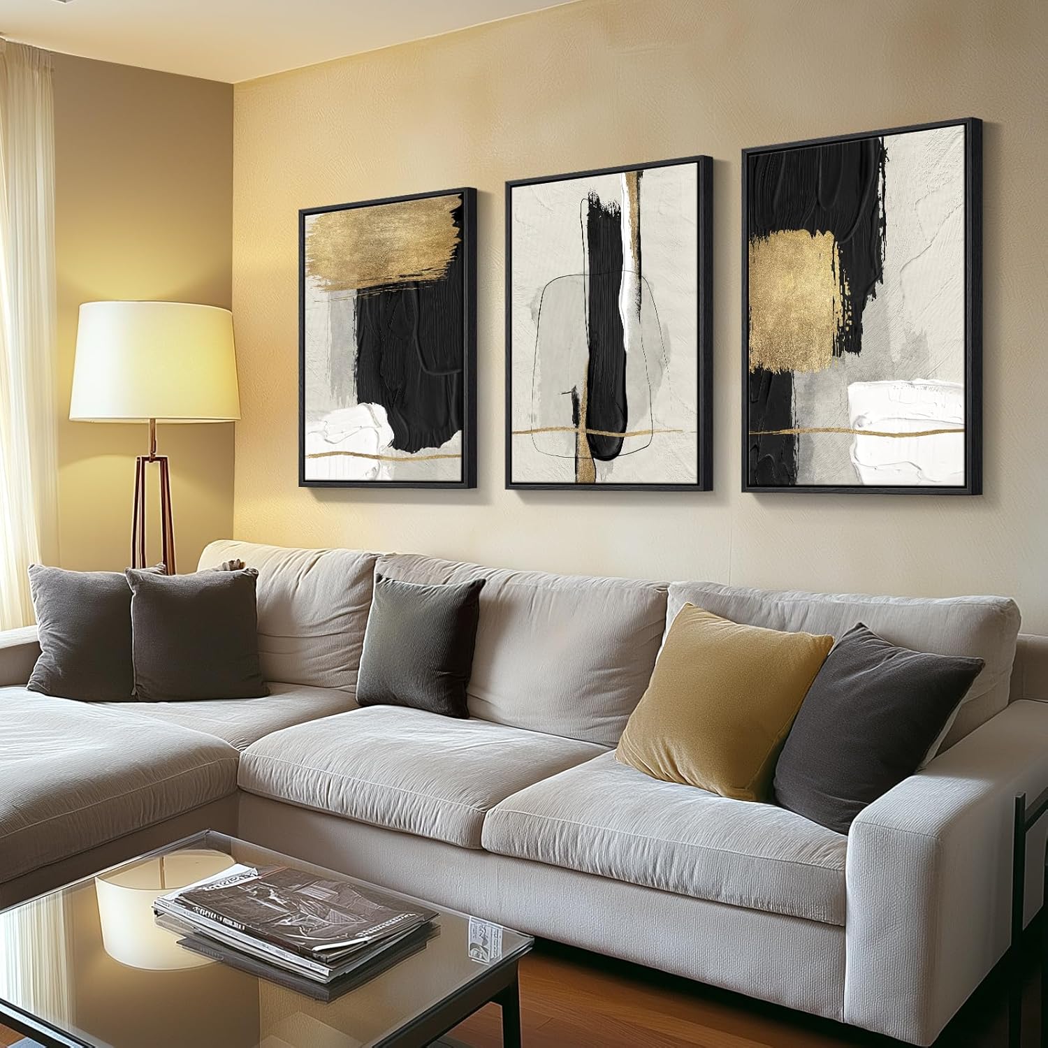 Large Framed Black and White Abstract Wall Art for Living Room, 3 Piece Big Canvas Prints Paintings Artwork for Walls, Modern Minimalist Black Gold Pictures for Hallway Office Wall Decor 24x36 Inch - Image 2
