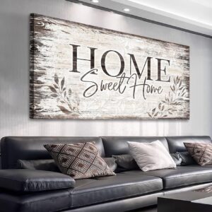 Home Sweet Home Wall Art Sign Large Dark Brown Farmhouse Wall Sign for Living Room Decoration Wooden Board Design Canvas Prints Modern Rustic Artwork Leaf Pictures Wall Decor 20″ x 40″