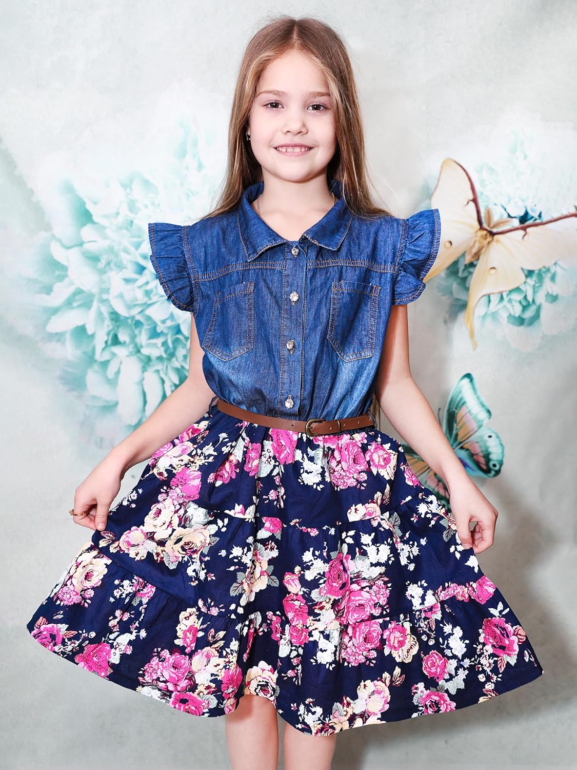 YJ.GWL Western Dress Girls, Denim Tops Flower Girl Dress, Princess Dresses for Girls, Party Dresses for Girls 3-14 Years - Image 2