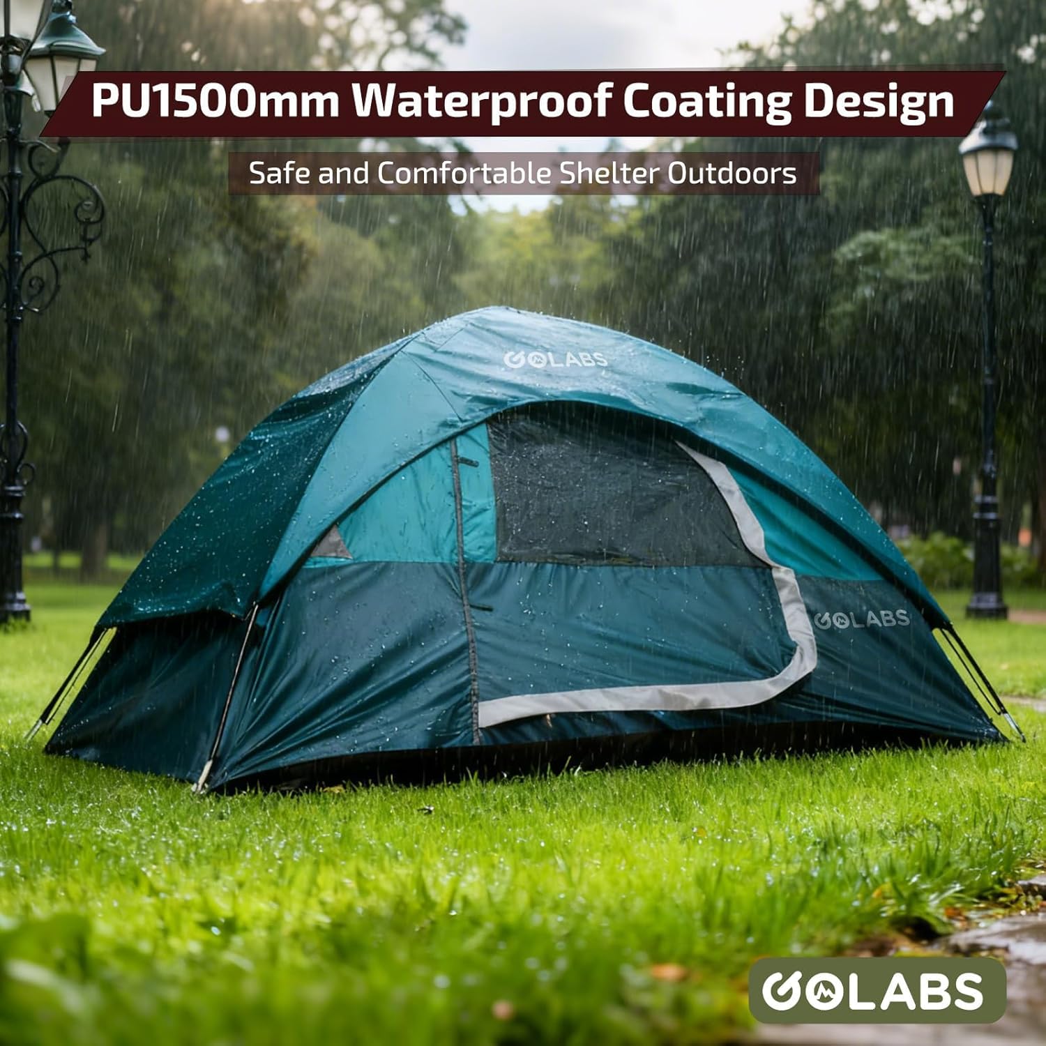 Golabs CT1 2 Person Camping Tent, Easy Set Up in 3 Mins, PU1500mm Waterproof w/Mesh Top & Door with Ventilation, Lightweight 4.4lbs Portable Family Tent with Carry Bag &Interior Storage Pockets &Hook - Image 3