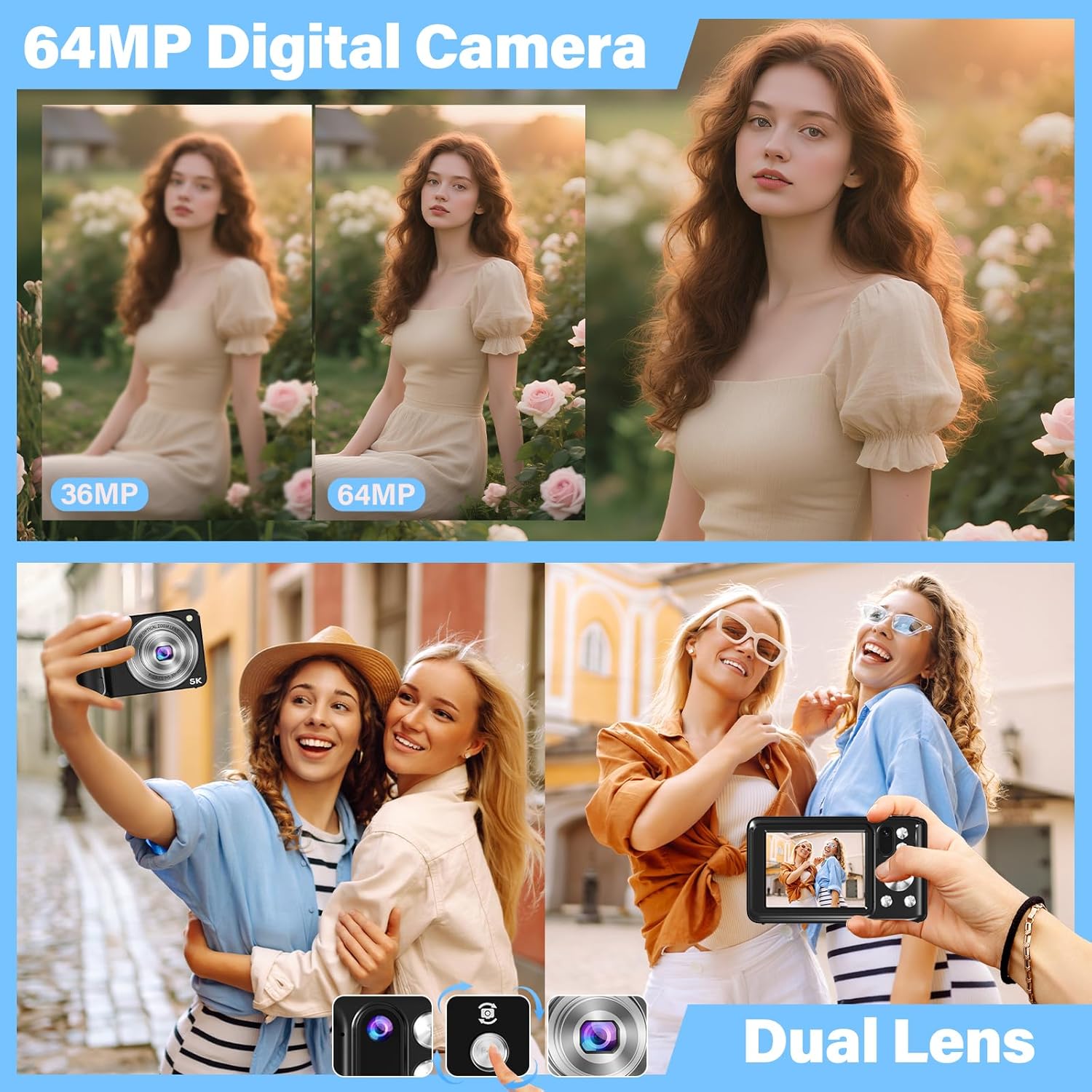 5K Digital Camera for Photography, WiFi 64MP Autofocus Dual Lens Vlogging Camera with Touch Screen, 6X Optical Zoom Compact Point and Shoot Cameras for YouTube, 32GB Card,2 Batteries,Black - Image 3