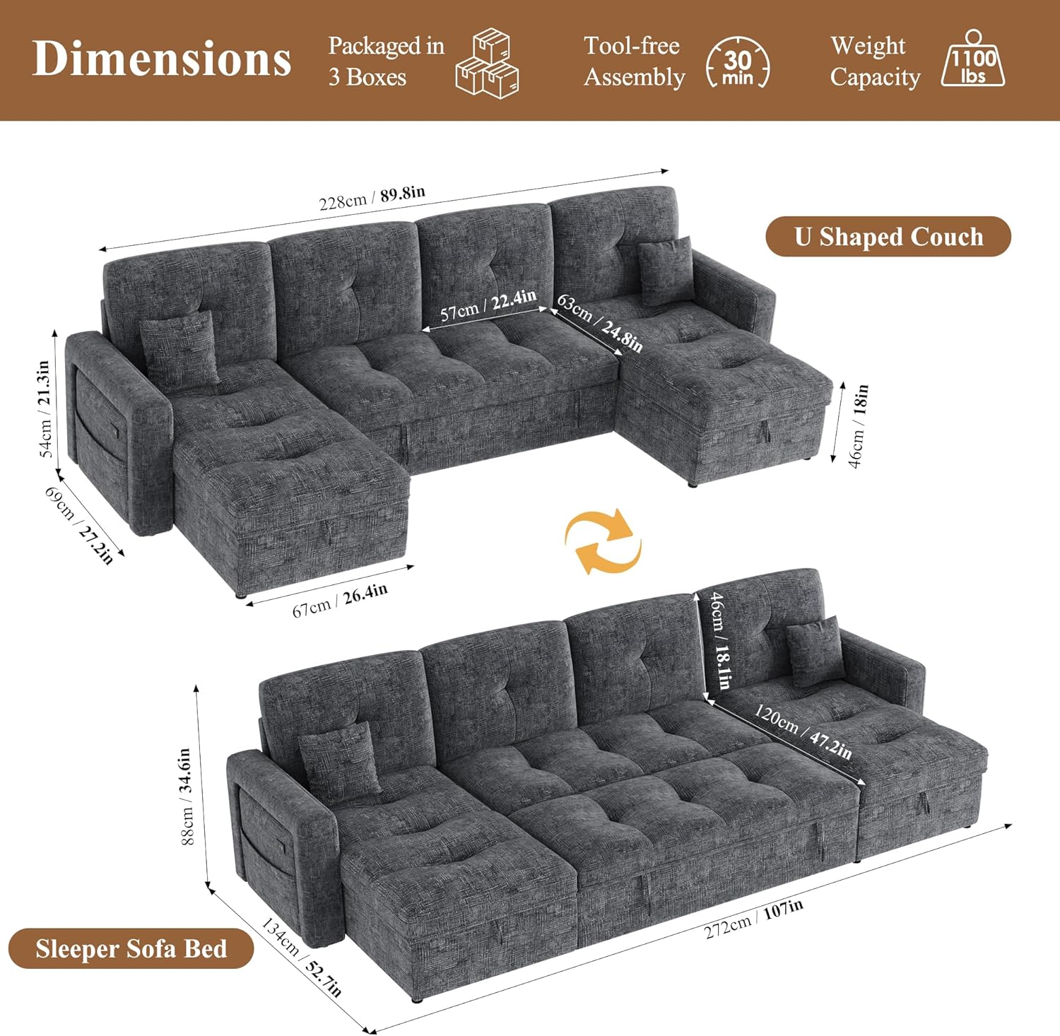 HIFIT 107'' LED Sectional Sleeper Sofa with Pull Out Couch Bed, Convertible U Shaped Couch with Storage Chaise, Adjustable Backrest & USB, Modern Chenille Home Sofa Living Room Furniture Set, Grey - Image 3