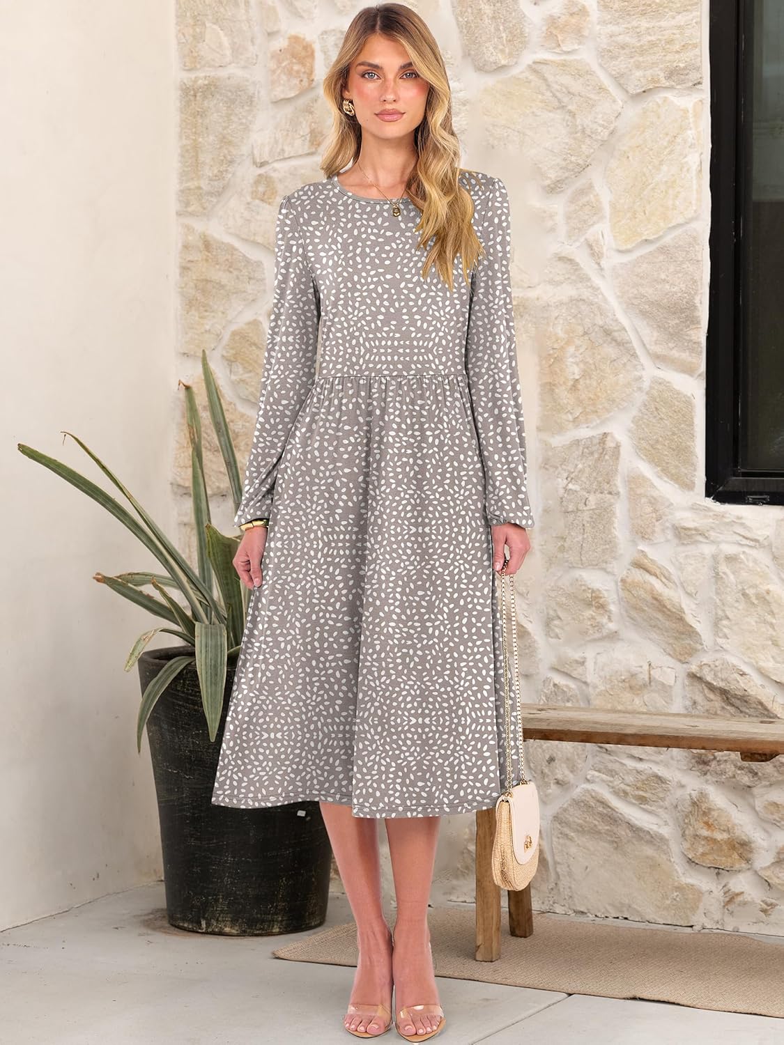 ANRABESS Women Long Sleeve Midi Dress Crewneck 2025 Fall Fashion Casual Flowy A-Line Long Dresses Vacation Outfit with Pocket - Image 3