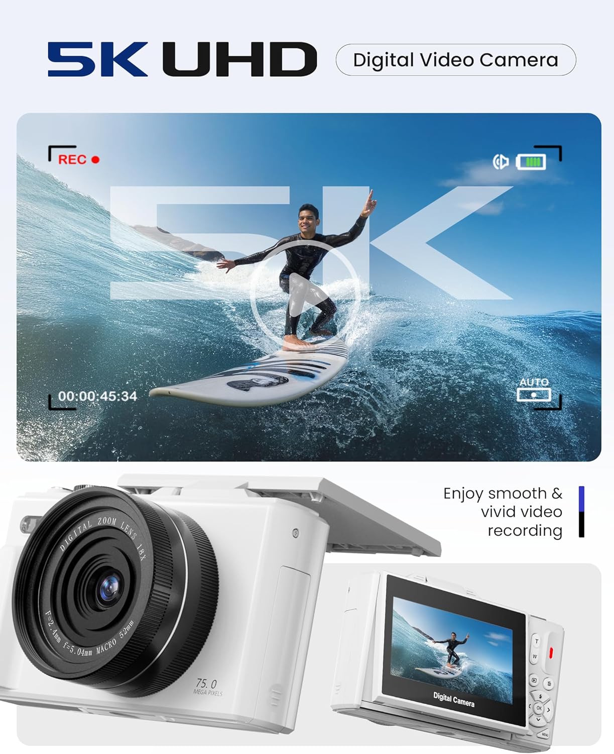 5K Digital Camera for Photography - 75MP Autofocus Vlogging Camera with 64GB SD Card, WiFi, 18X Zoom 3" 180° Flip Screen Compact Travel Camera with 2 Batteries for Teens and Beginner - Image 2
