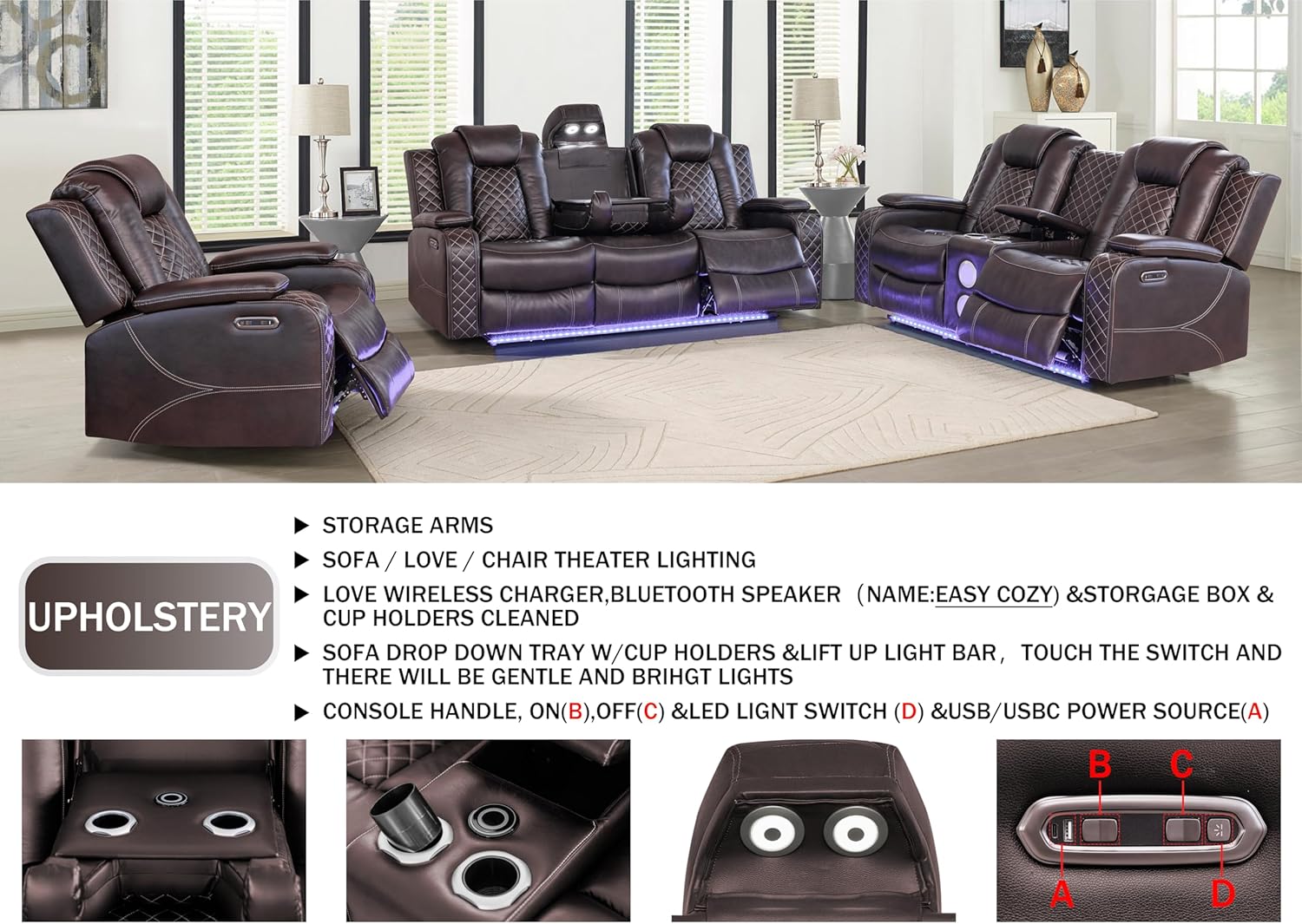 Ball & Cast Power Recliner Sofa Set Leather Reclining Sofa Set Living Room Furniture Set 3PCS Recliner Couch Loveseat & Chair Sets with Coffee Table,Reading Light,Cup Holders for Home Theater Seating - Image 4