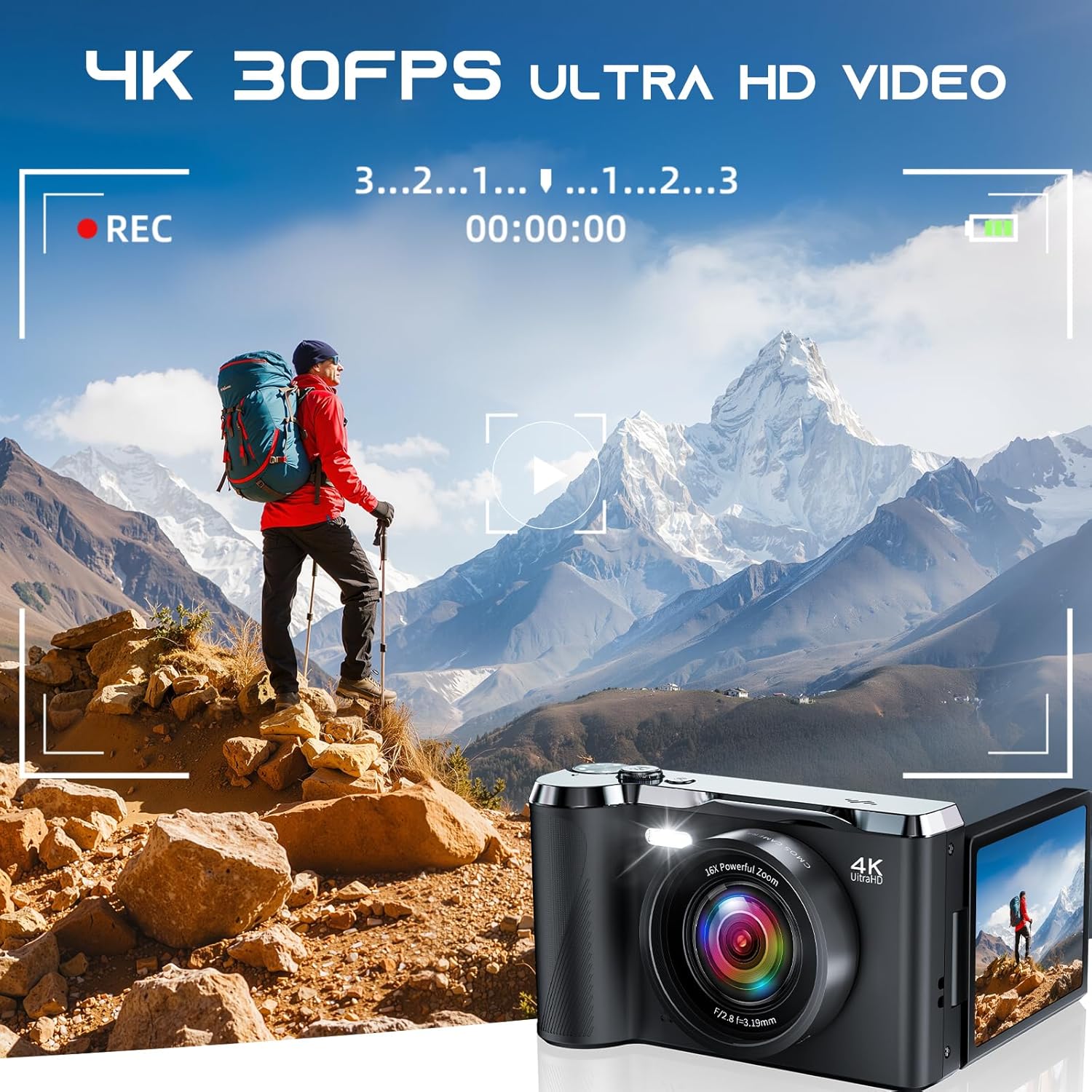 JDZ 4K Digital Camera for Photography and Video, 56MP Autofocus Vlogging Camera for YouTube, 3'' 180° Flip Screen, 16X Zoom, Flash, Compact Travel Camera with 32GB Card for Beginners - Image 2