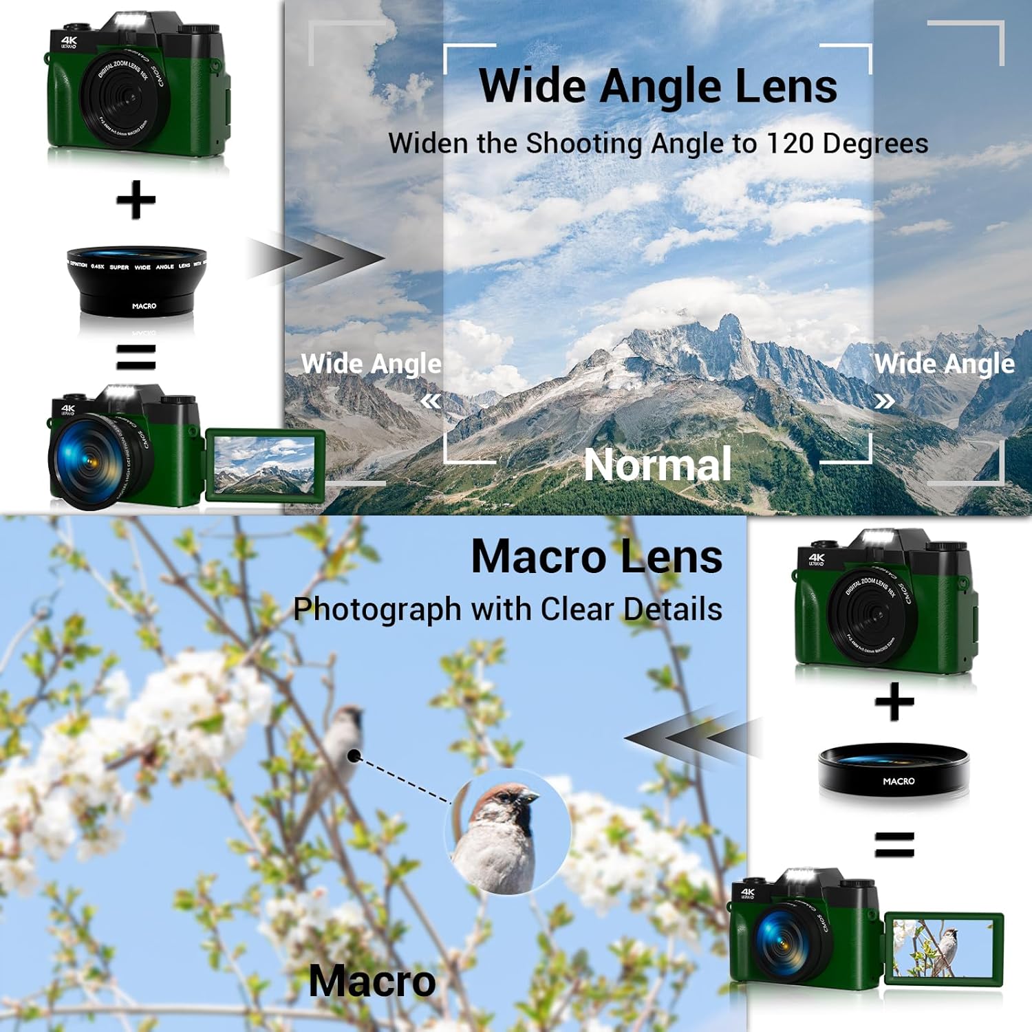 4K Digital Camera for Photography Autofocus 75MP 16X Digital Zoom with 3'' 180° Flip Screen Vlogging YouTube Video Students Compact Cameras with 2 Batteries 64GB Micro SD Card(DeepGreen) - Image 6