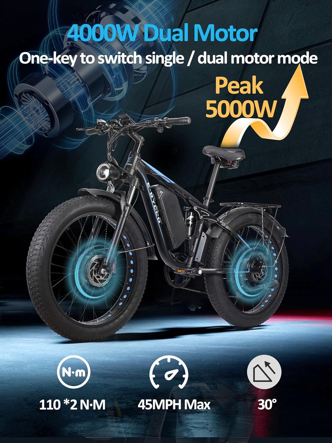 5000W Dual Motor Electric Bike for Adults, 52V 32AH, Up to 90Mile & 45MPH E-Bike All-Terrain Fat Tires Full Suspension 24/26 Inch Electric Bicycles Hydraulic Disc Brakes for Snow & Wet Roads - Image 2