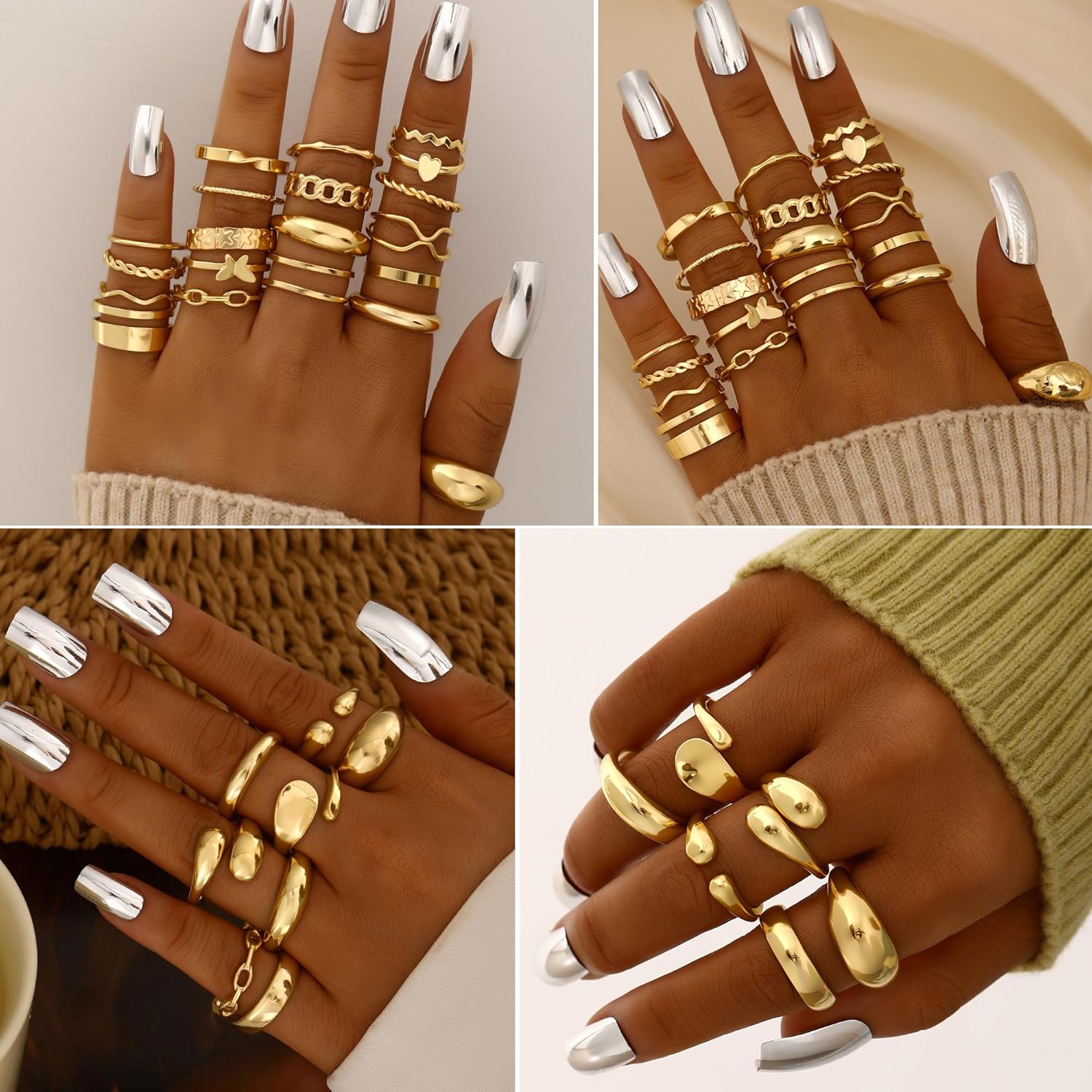 FANDY 137 Pieces Gold Jewelry Set for Women, 12 Necklace, 14 Bracelet, 21 Earrings, 24 Knuckle Rings, 66 Hair Accessory Gold Plated Jewelry Set for Women Gift - Image 4