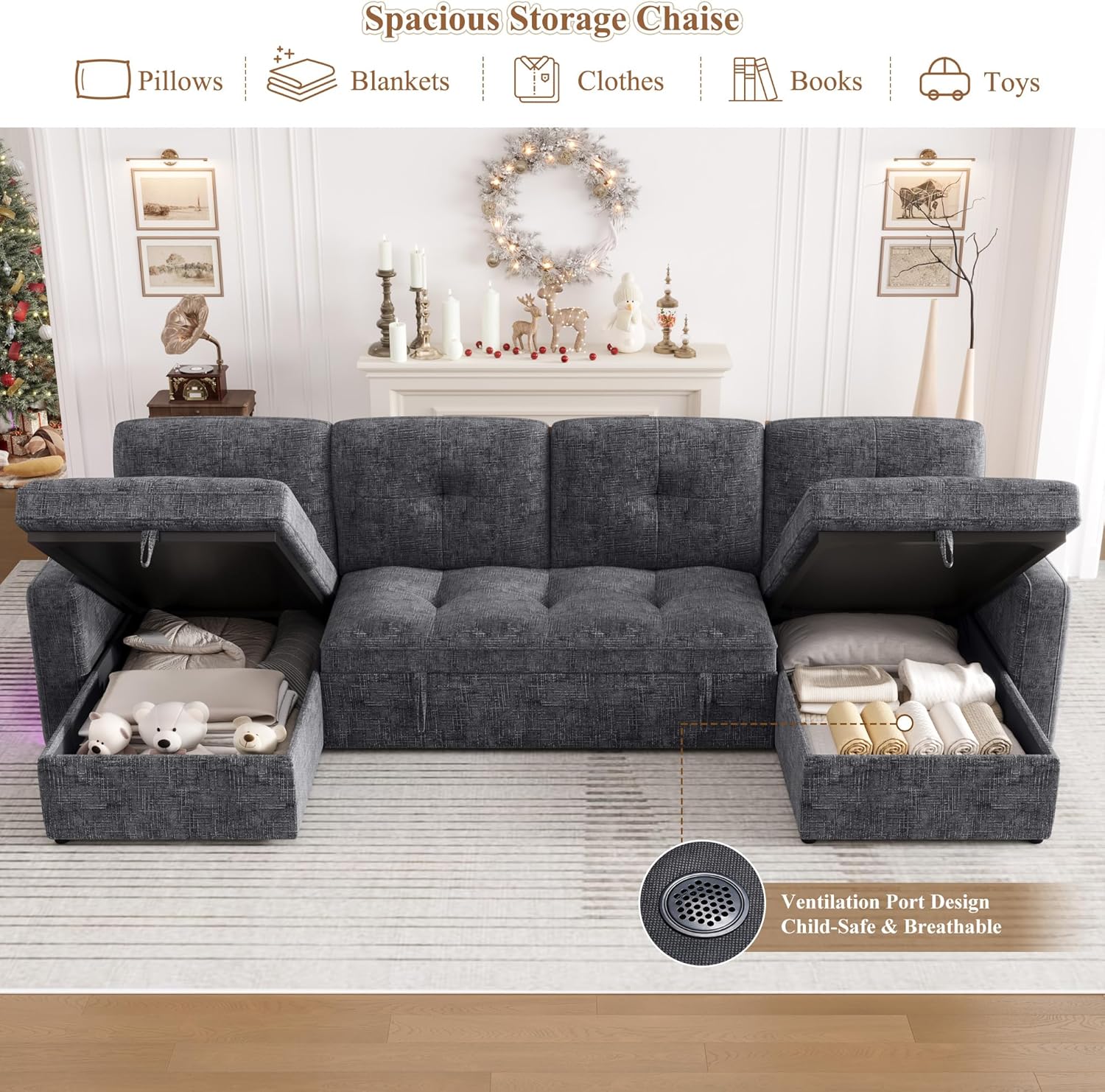 HIFIT 107'' LED Sectional Sleeper Sofa with Pull Out Couch Bed, Convertible U Shaped Couch with Storage Chaise, Adjustable Backrest & USB, Modern Chenille Home Sofa Living Room Furniture Set, Grey - Image 6