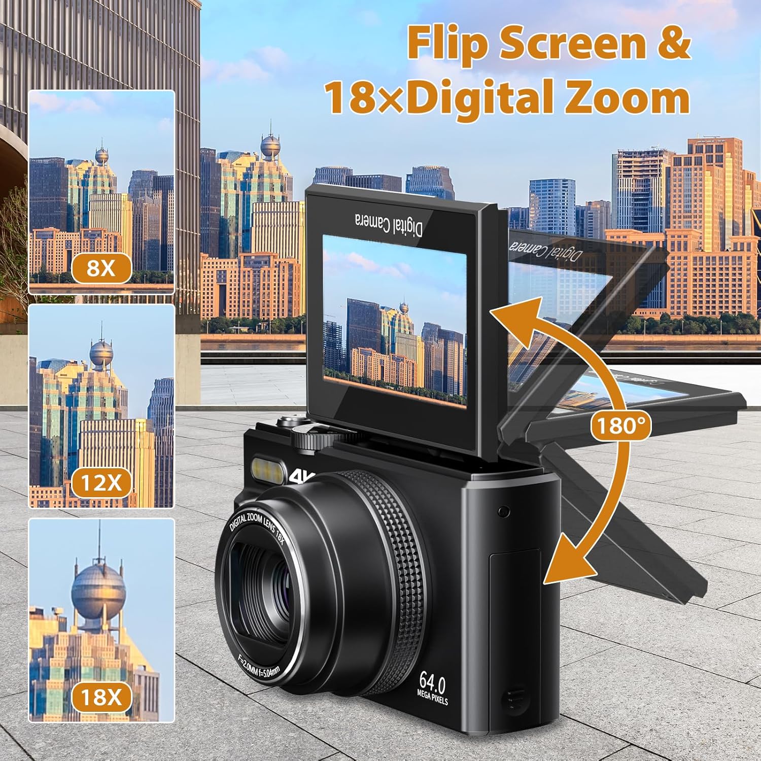 4K Digital Camera for Photography, 4K 64MP Vlogging Camera for YouTube with 3" 180° Flip Screen, Compact WiFi Camera with 18X Digital Zoom, 32GB Micro SD Card & 2 Batteries, Black - Image 4