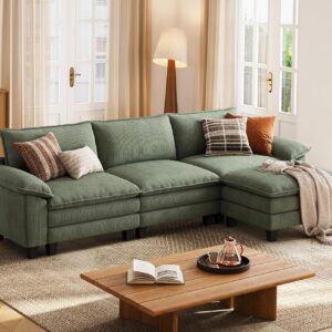 LINSY HOME 123” Modular Sectional Sofa Green Couch Corduroy Cloud Couches for Living Room, L Shaped Couch with Movable Ottoman, Modern Cloud Sectional Sofas for Bedroom and Apartment, Green