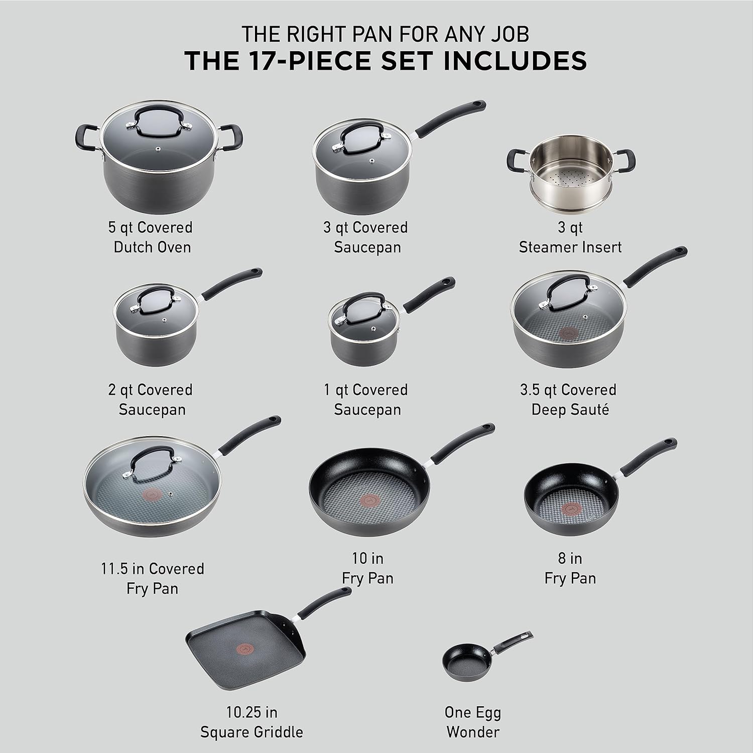T-Fal Ultimate Hard Anodized Nonstick Cookware Set 17 Piece, Nonstick Pots and Pans Set with Fry Pan, Saucepans, Saute-Pan, Griddle, Dishwasher Safe, Black - Image 2