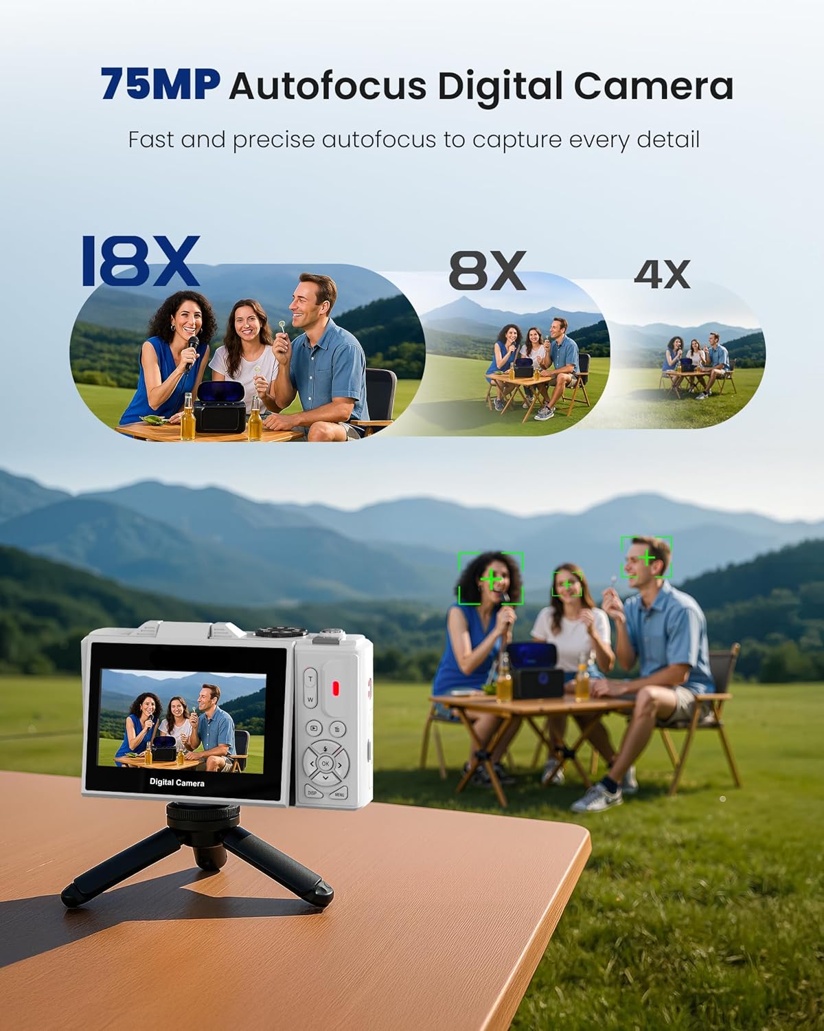 5K Digital Camera for Photography - 75MP Autofocus Vlogging Camera with 64GB SD Card, WiFi, 18X Zoom 3" 180° Flip Screen Compact Travel Camera with 2 Batteries for Teens and Beginner - Image 3