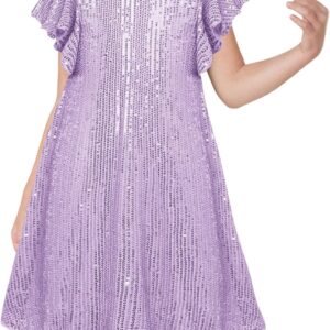 GRACE KARIN Girls Sequin Dress Short Flutter Sleeve Flare Silhouette Midi Dress with Hairbow 5-12Y