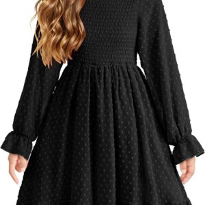 Cubear Girls Long Sleeve Dress Kids Ruffle Tiered Dress Swiss Dot A-Line Christmas Fall Winter Dress 6-15 Years