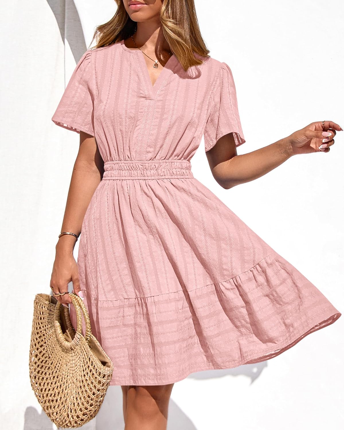 BTFBM Womens Spring 2026 Casual Mini Dresses Lightweight Short Sleeve V Neck Elastic Waist Cute Boho Beach Dress Pockets - Image 5