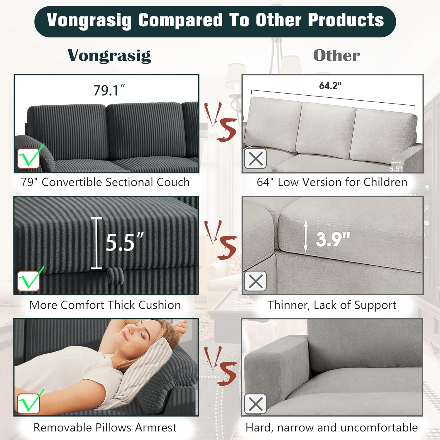 Vongrasig 79" Convertible Sectional Couches Sofa with Storage Ottoman, 3 Seat L Shaped Couch with Side Storage Pockage, Small Couches for Living Room, Apartment and Small Space, Grey - Image 6