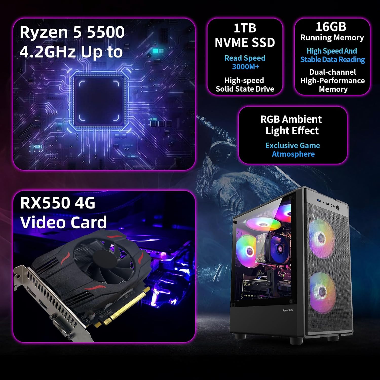 Gaming PC Desktop Computer, Ryzen 5 5500 up to 4.2GHz, RX 550 4GB Graphics Card, 16G DDR4 RAM, 1TB NVME SSD, RGB Fan x5, Prebuilt Gaming PC Tower Computer for Working, Home and Office - Image 2