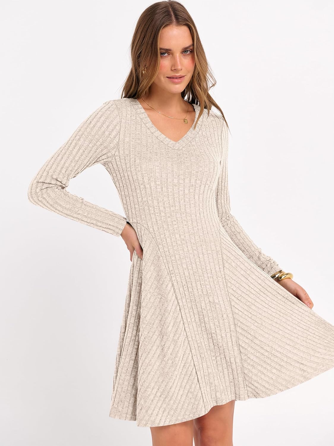 ANRABESS Women Long Sleeve Ribbed Knit Short Dresses 2025 Fall Winter V Neck Casual Swing A Line Sweater Dress - Image 3