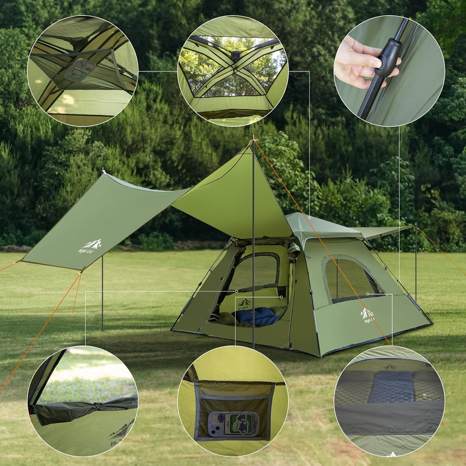 Night Cat 3-Person Camping Tent: Waterproof Instant Cabin Tent with Canopy Tarp for Family, 2-in-1 Canopy Tent with Porch Easy Setup - Image 7