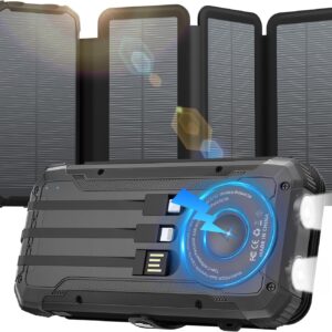 Portable Charger 20000mAh Solar Power Bank Built-in 3 Cables and Wireless Charging Battery Pack Compatible for iPhone, Samsung, IPX5 Waterproof, Bright Flashlight Perfect for Camping, Hiking, Outdoor