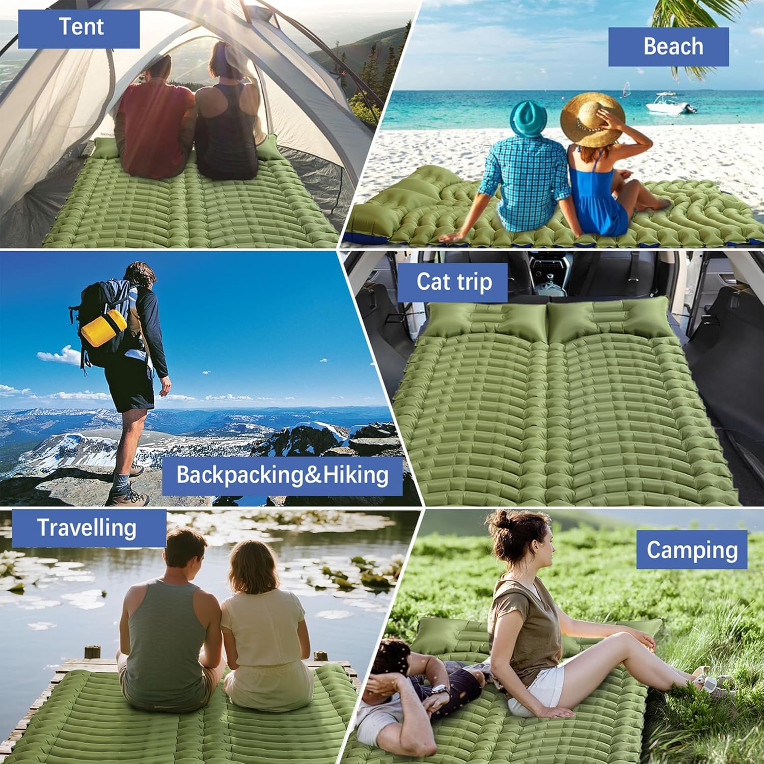 Double Sleeping Pad for Camping - Ultralight Camping Mattress with Pillow, Built-in Foot Pump, Compact Inflatable 2-Person Portable Mat for Backpacking, Hiking, Car Traveling, Beach, Tent - Image 6