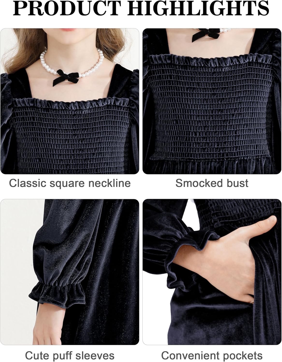 Cubear Toddler Girls Velvet Christmas Dress Puff Long Sleeve Square Neck Fall Winter Holiday Party Dress with Pockets 4-13Y - Image 3