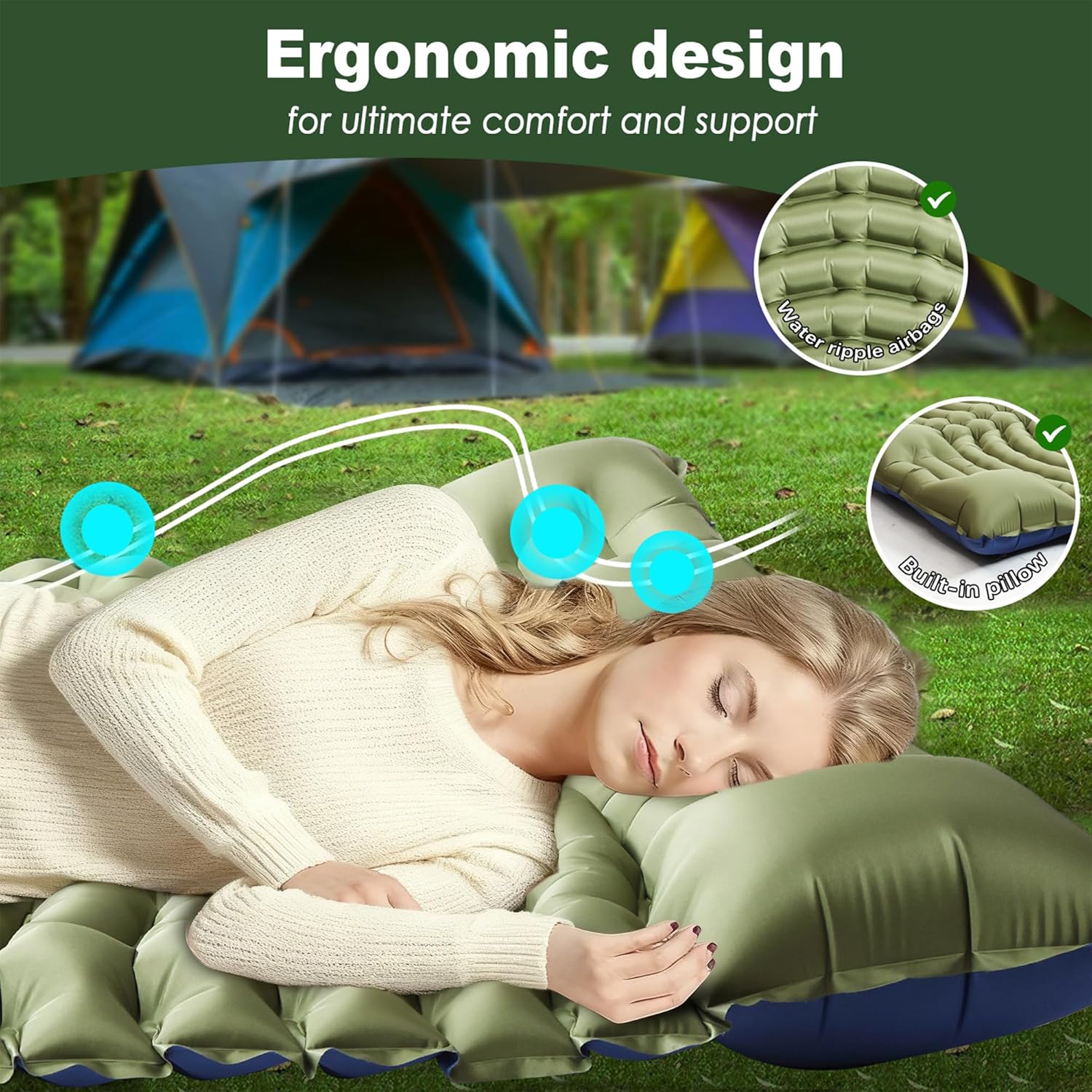 Double Sleeping Pad for Camping - Ultralight Camping Mattress with Pillow, Built-in Foot Pump, Compact Inflatable 2-Person Portable Mat for Backpacking, Hiking, Car Traveling, Beach, Tent - Image 2