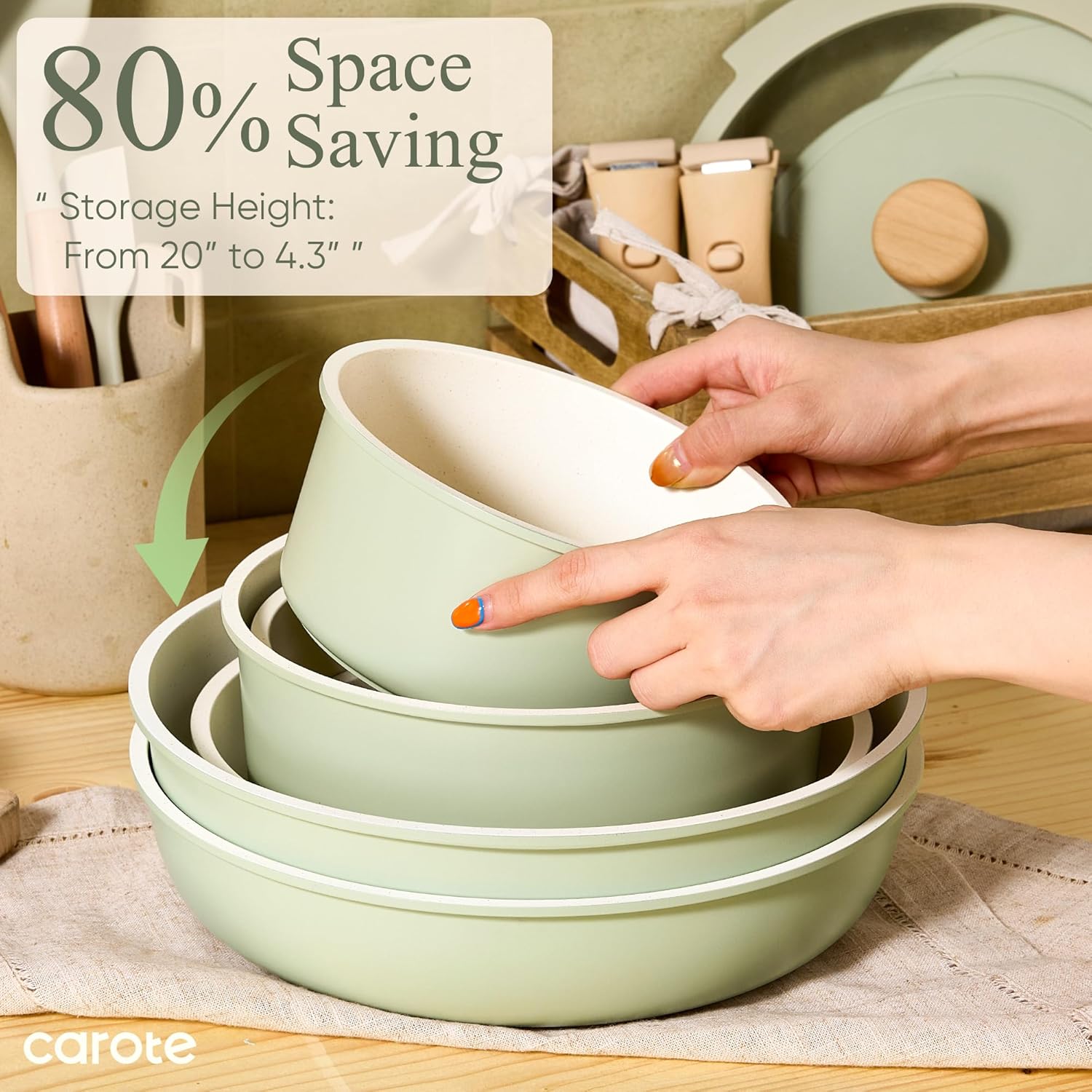 CAROTE Pots and Pans Set, Nonstick Cookware Set Detachable Handle, 19pcs Induction Kitchen Cookware Sets Non Stick with Removable Handle, RV Cookware Set, Oven Safe, Sage Green - Image 7