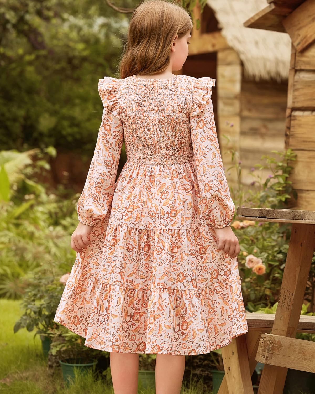 GRACE KARIN Girls Long Sleeve Fall Floral Dress Ruffle Round Neck Smocked Layered Hem - Image 3