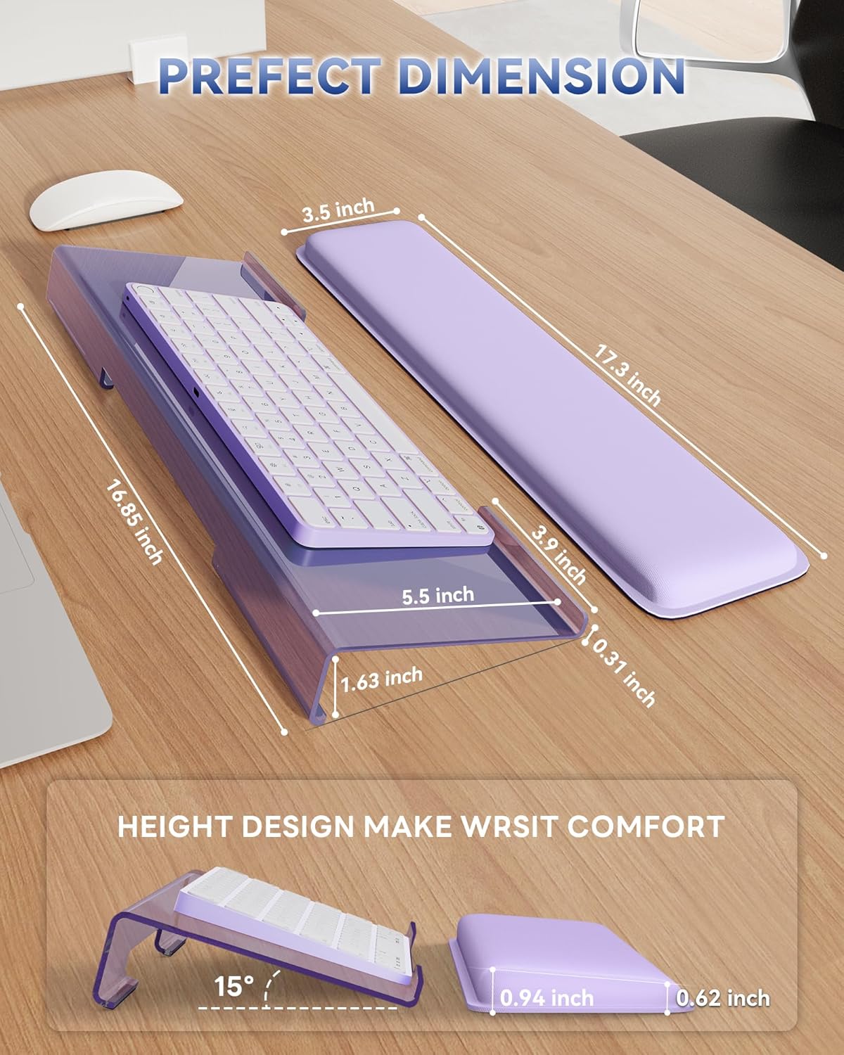 Computer Keyboard Stand for Desktop, Keyboard Wrist Rest Holder Stand for Easy Typing with Wrist Pad for Office Desk, Home, School(Purple) - Image 3