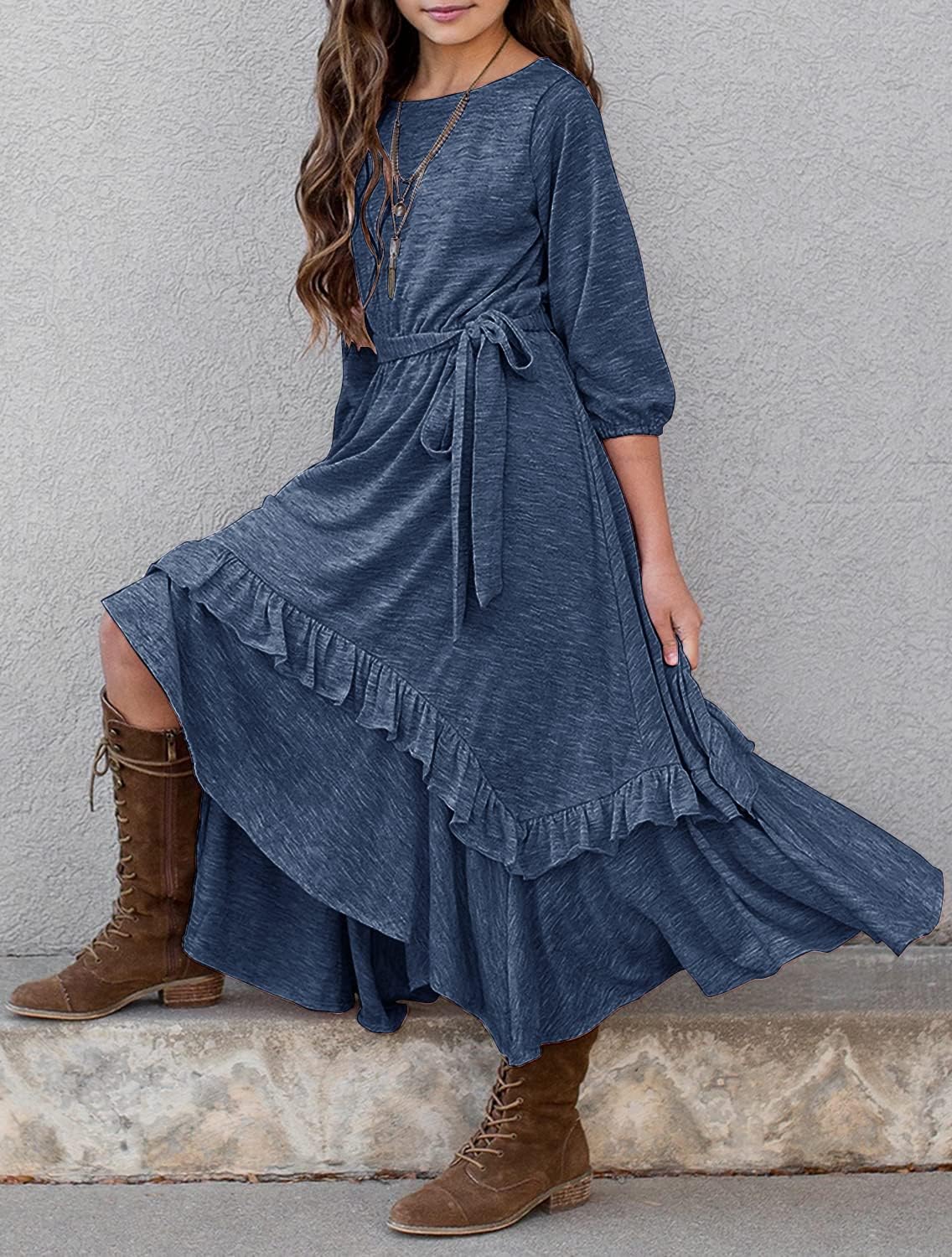 MITILLY Girls Loose Plain 3/4 Sleeve Casual Pocket Ruffle Swing Long Maxi Dress with Belt - Image 3