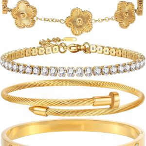18K Gold Plated Nail Love Bangle Bracelet Set for Women Stackable Floral Clover Adjustable Tennis Bracelet Non Tarnish Gift Jewelry for Christmas Valentines Birthday Mother’s Day