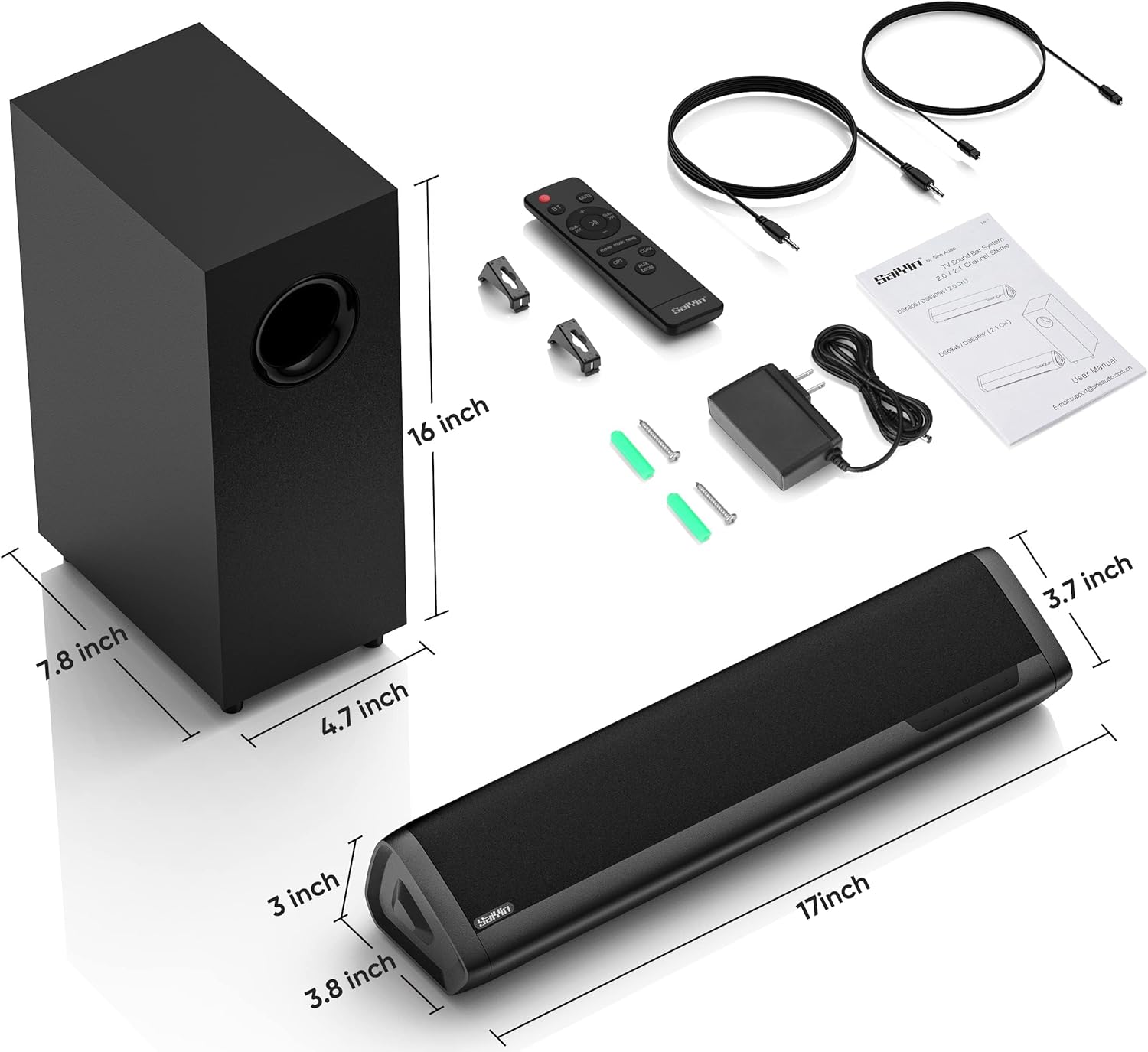 Saiyin Sound Bars for TV with Subwoofer, 2.1 Deep Bass Small Soundbar Monitor Speaker Home Theater Surround System PC Gaming Bluetooth/AUX/Optical Connection, Wall Mountable 17-inch - Image 7